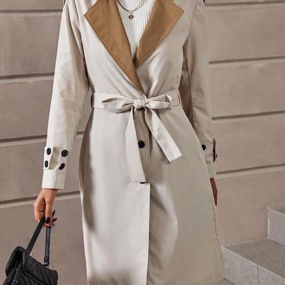 Brand New Colorblock Lapel Collar Single Breasted Belted Trench Coat - Picture 4 of 5